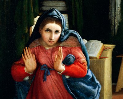 Jomfruen annonsert, detalj fra kunngjøringen, ca 1434, av Lorenzo Lotto (1480-1556), olje på lerret av Lorenzo Lotto