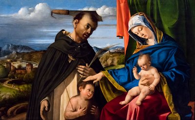 Jomfru Maria og barnet, døperen Johannes som barn og martyren Peter (Pierre de Véronne) av Lorenzo Lotto