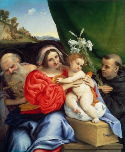 Jomfruen og barnet med de hellige Hieronymus og Nikolaus av Tolentino av Lorenzo Lotto