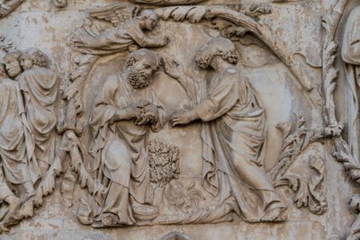 Gideon vriende fleece, detalj fra Jesse-tre og messianske profetier, Stories of Genesis, basrelieffer av Lorenzo Maitani (før 1275-1330), andre søyle, fasade til Orvieto-katedralen, Umbria, Italia av Lorenzo Maitani