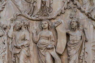 Profeter, detaljer fra Jesse-treet og messianske profetier, Stories of Genesis, basrelieffer av Lorenzo Maitani (før 1275-1330), andre søyle, fasade til Orvieto-katedralen, Umbria, Italia av Lorenzo Maitani