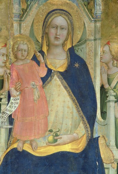 Madonna og barn tronet med hellige, detalj som viser Madonna og barnet, polytych, 1413 av Lorenzo Monaco