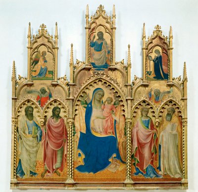Madonna og Jesusbarnet, helgener; øverst: Bebudelse (tempera på tre) av Lorenzo Monaco