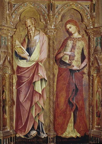 Evangelisten Johannes og Maria Magdalena - Detalj av bebudelsens polyptyk (1357, tempera og bladgull på tre) av Lorenzo Veneziano