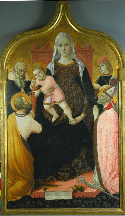 Jomfru og barn, med de hellige Anthony Abbott, Mark, Severino og Sebastian, ca. 1490-96 av Lorenzo dAlessandro da Severino II