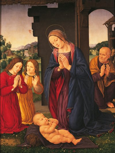 The Adoration of the Child and Angels, av Lorenzo di Credi (1459-1536), tempera på lerret av Lorenzo di Credi