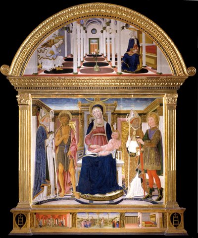 Madonna med barnet og de hellige Blaise, døperen Johannes, Nicholas og Florian. Bebudelsen, 1462 av Lorenzo di Pietro
