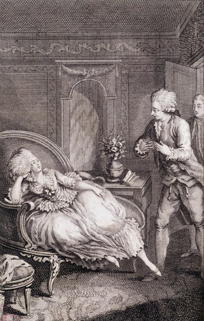 Gentilhomme erklærer sin kjærlighet til en dame som vanser på en gjeterinne - i "" Les francaises eller 34 eksempler valgt i dagens skikk egnet til å lede døtre, koner, mødre"" av Restif de La Bretonne (1734-1806), ill. av Binet, Neufchatel av Louis (after) Binet