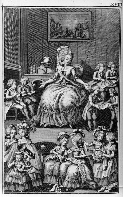 Illustrasjon av Louis Binet (1744-1800) for boken av Nicolas Edme Restif de La Bretonne "" Les Parisiennes"", eller XL General Characters Taken in the Modern Moors, fit to serve a l’instruction des Person-du-Sexe, hentet fra memoarene til det nye Lycee des av Louis (after) Binet