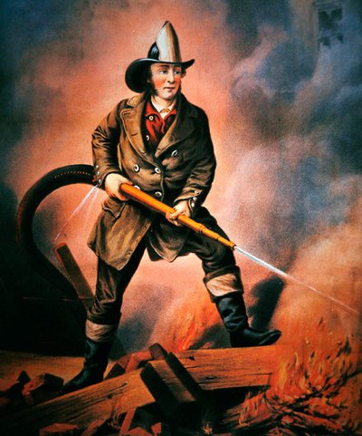 The American Fireman: Facing the Enemy, utgitt av Currier & Ives av Louis (after) Maurer