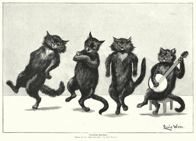 Katter som danser (litho) av Louis (after) Wain