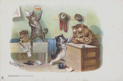 Katter i et klasserom: læreren døser og derfor oppfører elevene seg dårlig (chromolitho) av Louis (after) Wain