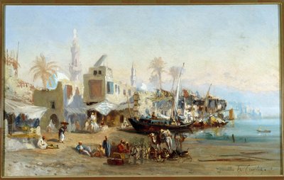 Fiskere og moskeer i havnen Boulack i Egypt Maleri av Amable Louis Crapelet (1822-1867) Søn. 41x64 cm Obligatorisk omtale: Regards de Provence foundation collection, Marseille av Louis Amable Crapelet