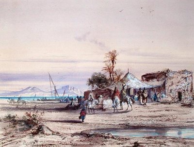 Tunisisk landskap (akvarell på papir) av Louis Amable Crapelet