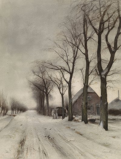 Winterlandschaft mit Bauernhof an einer Allee (Vinterlandskap med en gård på en allé) av Louis Apol