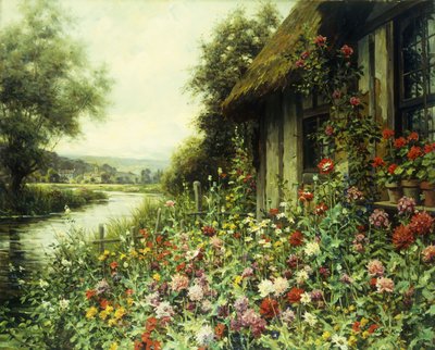 Blomster i blomst utenfor en hytte (olje på lerret) av Louis Aston Knight