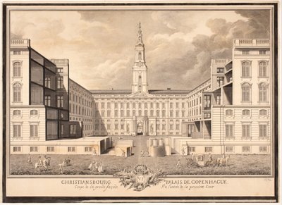 Christiansborg slott i København. Utsnitt av den store fasaden til inngangen til det første gårdsrommet av Louis Auguste Le Clerc