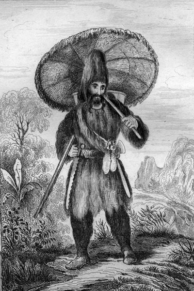 Jeg hadde på meg en høy hatt... gravering etter M. de Sainsons tegning til boken til Daniel Defoe (De foe) "Robinson Crusoe"" fransk utgave av 1837. av Louis Auguste de Sainson