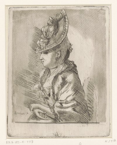 Portrett av en ung dame med hatt i profil til venstre av Louis Bernard Coclers