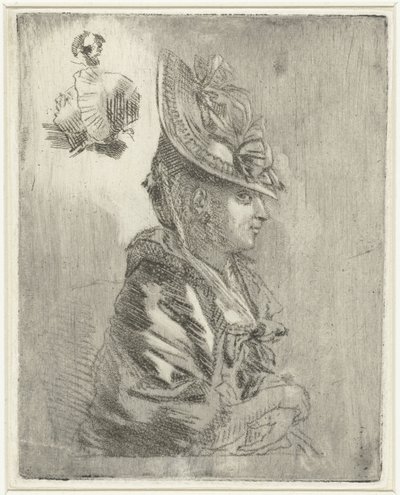 Studieark med portrett av en ung kvinne med hatt og to mindre portretter av Louis Bernard Coclers