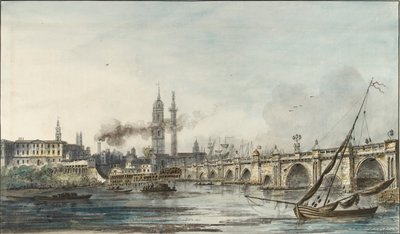 Utsikt over Themsen mot kirken St Magnus og monumentet, sent på 1700-tallet av Louis Bélanger
