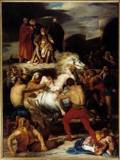 Mazeppas pine. Mazeppa er bundet til en villhest på ordre fra grev Palatin, som han fornærmet. Illustrasjon for Lord Byrons dikt "Mazeppa"". Maleri av Louis Boulanger (1806-1867) av Louis Boulanger