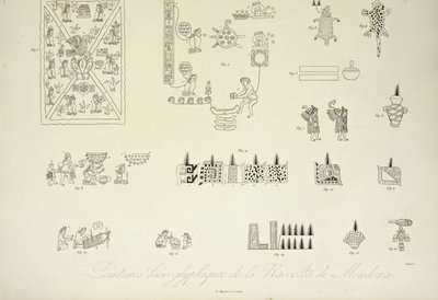 Hieroglyfiske malerier fra Mendoza-samlingen, illustrasjon fra Views of the Cordilleras and Monuments of the Indigenous Peoples of America av Alexander von Humboldt og Aime Bonpland, 1813 av Louis Bouquet
