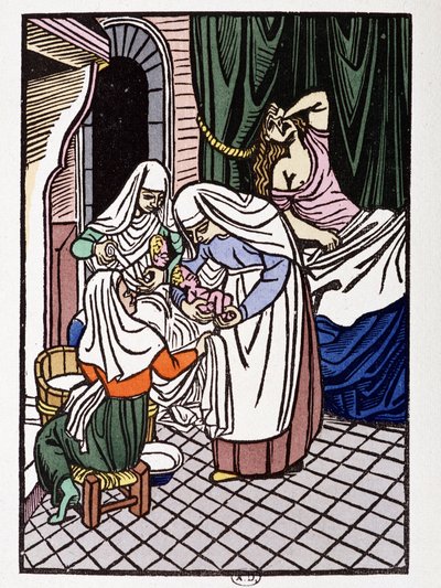 Fødende kvinne - i "" Kjærlighetene til Frene og Galeran fortalt etter Jean Renard, funn fra 1100-tallet, tilpasset av André Mary", ill. av trestikk av Louis Bouquet, red. Jonquieres, Paris av Louis Bouquet