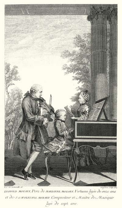 Leopold Mozart spiller musikk med datteren Marianne og sønnen Wolfgang (gravering) av Louis Carrogis (after) Carmontelle