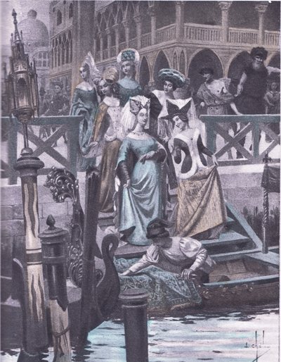 Grønne gjess, illustrasjon fra Decameron av Boccaccio utgitt av Navarre Society 1930-tallet (litho) av Louis Chalon