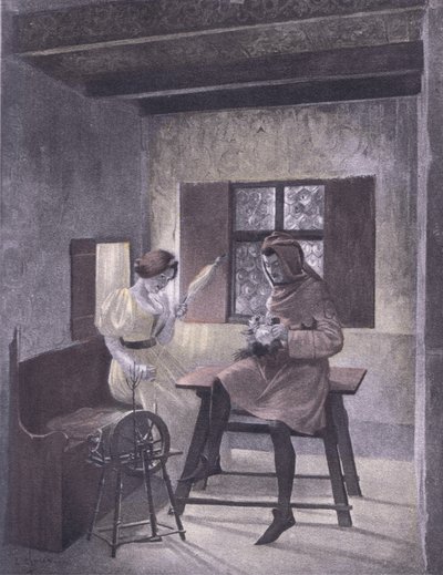 Simona spinning, illustrasjon fra Decameron of Boccaccio utgitt av Navarre Society 1930-tallet (litho) av Louis Chalon