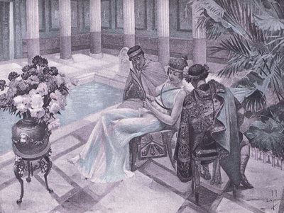Titus og Gisippus, illustrasjon fra Decameron av Boccaccio utgitt av Navarre Society 1930-tallet (litho) av Louis Chalon