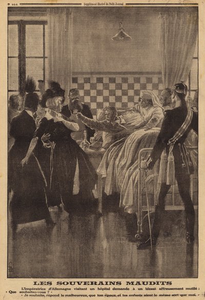 Sint reaksjon fra en såret soldat på sykehus på et besøk fra keiserinne Augusta Victoria, første verdenskrig av Louis Charles (after) Bombled