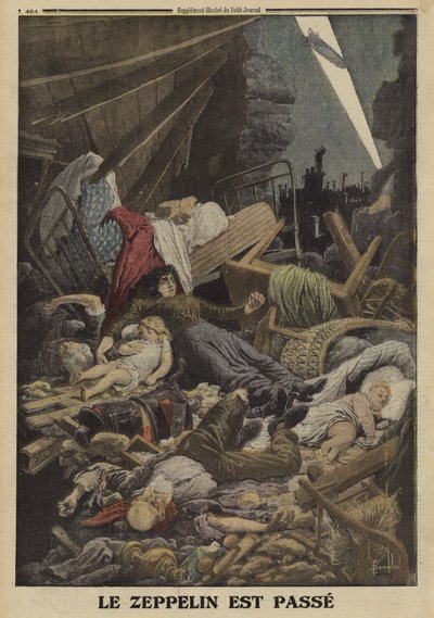 Familie drept i et bombeangrep av en tysk zeppelin, første verdenskrig, 1916 (farge litho) av Louis Charles (after) Bombled