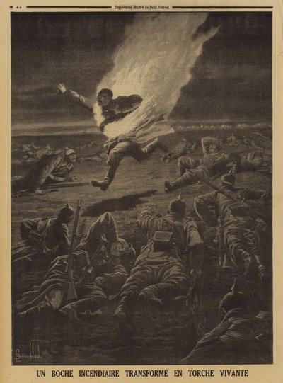 Tysk soldat som bar brennbare materialer ble til en menneskelig fakkel under et nattslag, første verdenskrig av Louis Charles (after) Bombled