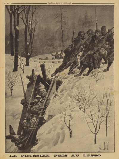 Tysk soldat i en vaktboks tatt til fange av franske Chasseurs Alpins med en lasso, første verdenskrig av Louis Charles (after) Bombled