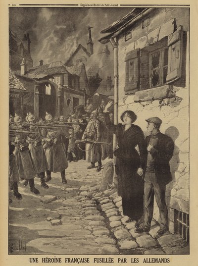 Tyske krigsforbrytelser: en ung kvinne skutt av en skytegruppe i en fransk landsby, første verdenskrig av Louis Charles (after) Bombled
