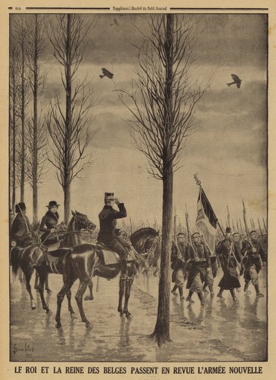 Kong Albert I og dronning Elisabeth av belgierne gjennomgår sin nye hær, første verdenskrig av Louis Charles (after) Bombled