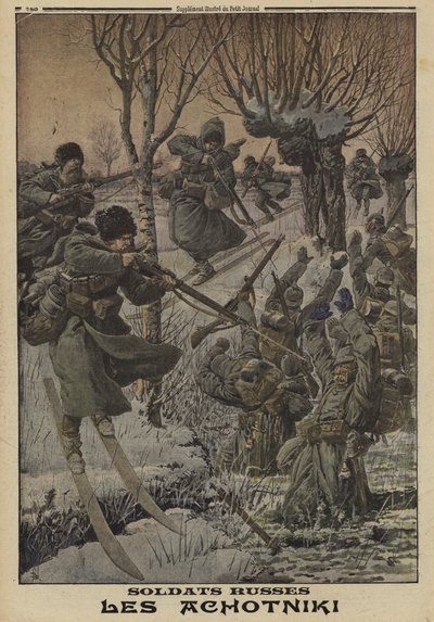 Russiske soldater på ski fanget en gruppe tyskere, første verdenskrig av Louis Charles (after) Bombled