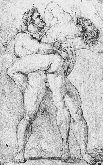 Hercules kveler Antaeus (grafittblyant på papir) av Louis Charles Auguste Couder