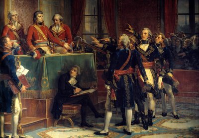 De tre konsulene: Bonaparte, Cambaceres og Lebrun som mottar edene til presidentene til høyre, Emmanuel-Joseph (Emmanuel Joseph) Sieyes (1748-1836) og Pierre-Roger (Pierre Roger) Ducos (Roger Ducos) (1747-1816). Maleri av Louis Charles Auguste Coud av Louis Charles Auguste Couder
