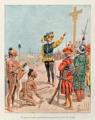 bombet Louis (1862 - 1927); Jacques Cartier (1491 - 1557) tok Gaspebukta i Canada i besittelse på vegne av kongen av Frankrike, Francois 1. i 1534 (Cartier peker Frankrikes våpenskjold på korset han hadde plantet); Histoire de la Nouvelle av Louis Charles Bombled