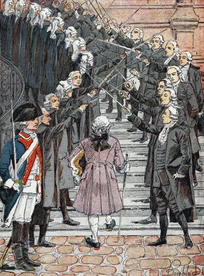 Fransk revolusjon: Kongen av Frankrike Ludvig XVI innkalt for å komme til rådhuset i Paris krysser vaktens "" stålhvelv" av Louis Charles Bombled