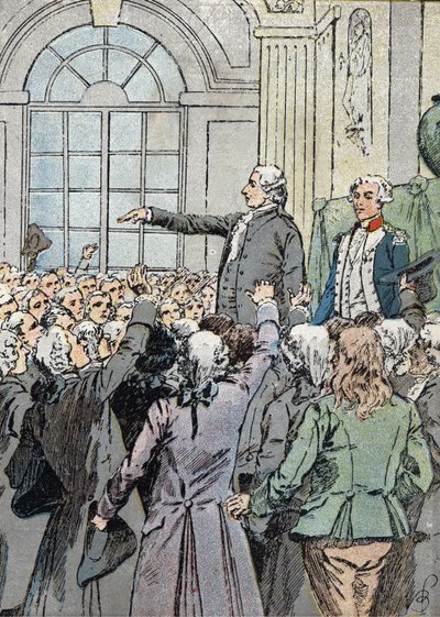 Fransk revolusjon: "" Deputaten Jean Sylvain Bailly (1736-1793) ble valgt til borgermester i Paris 15.07.1789 i nærvær av La Fayette"" (politisk leder Jean-Sylvain Bailly valgt som borgermester i Paris 15. juli 1789) Illustrasjon av Louis Charles B av Louis Charles Bombled