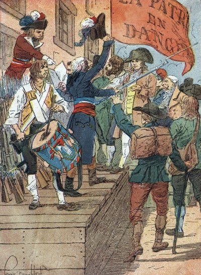 Franske revolusjonskriger: frivillige verving etter Frankrikes nederlag i krigen mellom det revolusjonære Frankrike og kontrarevolusjonære monarkier, den franske forsamlingen forkynner faren for hjemlandet, 22. juli 1792) Illustrasjon av Louis Charles av Louis Charles Bombled