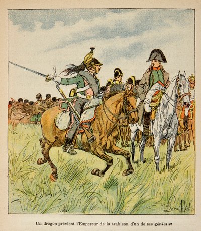 Illustrasjon av Bombled Louis (1862-1927) fra grev Emmanuel de Las Cases (1766-1842): en drage advarer keiseren om sviket til en av hans generaler i slaget ved Waterloo i juni 1815, privat samling av Louis Charles Bombled