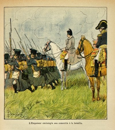Illustrasjon av Bombled Louis (1862-1927) fra boken "The Memorial of Saint Helene" av grev Emmanuel de Las Cases (1766-1842): Keiser Napoleon tenker på sine vernepliktige under et slag, Privat samling av Louis Charles Bombled