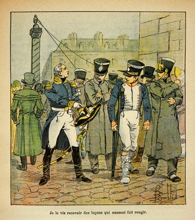 Illustrasjon av Bombled Louis (1862-1927) fra boken "The Memorial of Saint Helene" av grev Emmanuel de Las Cases (1766-1842): En tidligere offiser av Napoleon, under restaurering, ber tidligere vernepliktige om å avvise det keiserlige regimet, Delvis samli av Louis Charles Bombled