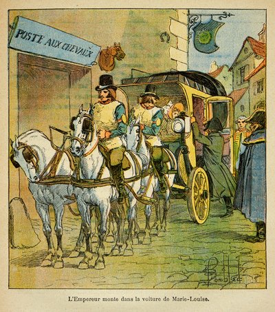 Illustrasjon av Bombled Louis (1862-1927) fra boken "The Memorial of Saint Helene" av grev Emmanuel de Las Cases (1766-1842): Keiser Napoleon kjører i bilen for å møte sin kone Marie Louise i 1810, privat samling av Louis Charles Bombled