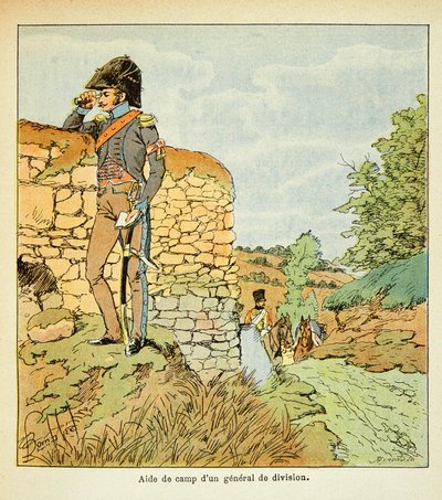Illustrasjon av Bombled Louis (1862-1927) fra boken "The Memorial of Saint Helene" av grev Emmanuel de Las Cases (1766-1842): Aide de camp av en divisjonsgeneral av den franske hæren, privat samling av Louis Charles Bombled
